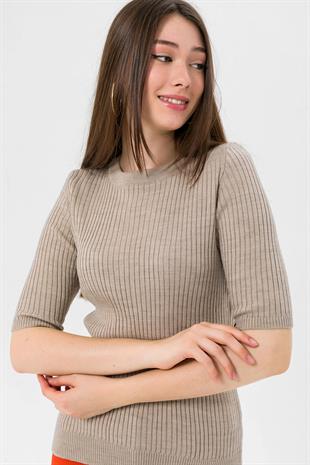 Bisiklet Yaka Yarım Kol Fitilli Kadın Basic Taş Triko Kazak