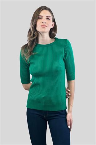 Bisiklet Yaka Yarım Kol Fitilli Kadın Basic Triko Kazak