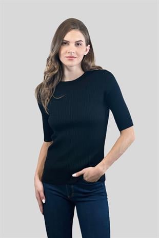Bisiklet Yaka Yarım Kol Fitilli Kadın Basic Triko Kazak