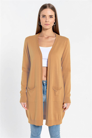 Camel Cepli Kadın Basic Uzun Triko Hırka