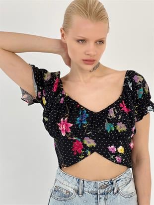Çiçek Desenli Şık Siyah Bluz