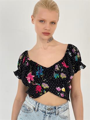 Çiçek Desenli Şık Siyah Bluz