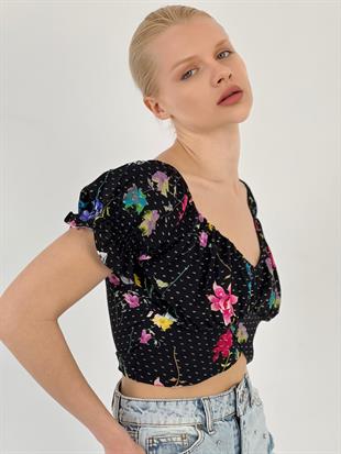 Çiçek Desenli Şık Siyah Bluz