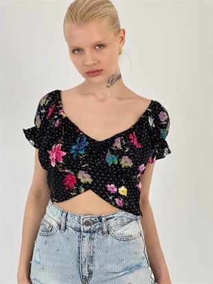 Çiçek Desenli Şık Siyah Bluz