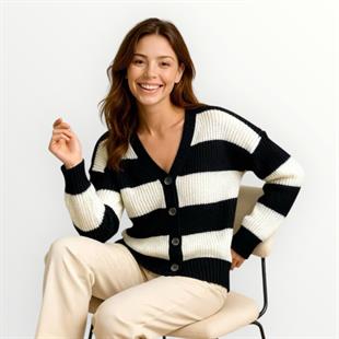 Çizgili Düğme Detaylı Siyah Basic Kadın Hırka