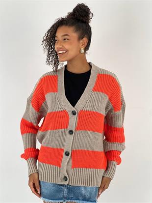 Çizgili Düğme Detaylı Taş Basic Kadın Hırka