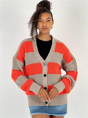 Çizgili Düğme Detaylı Taş Basic Kadın Hırka