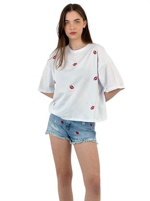Dudak Nakışlı Beyaz Oversize Tişört