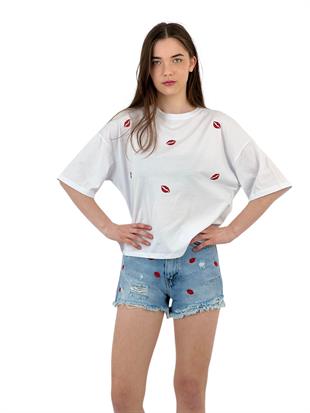 Dudak Nakışlı Beyaz Oversize Tişört