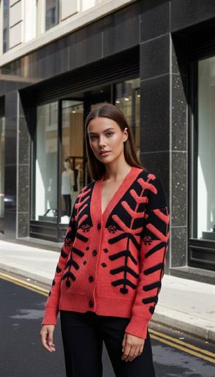 Düğmeli Oversize Kadın Desenli Mercan Triko Hırka