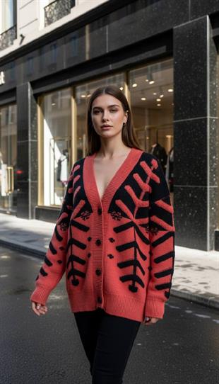 Düğmeli Oversize Kadın Desenli Mercan Triko Hırka