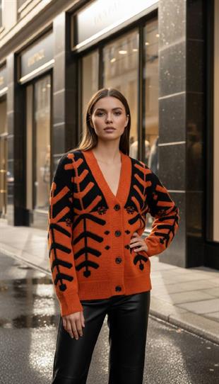 Düğmeli Oversize Kadın Desenli Oranj Triko Hırka