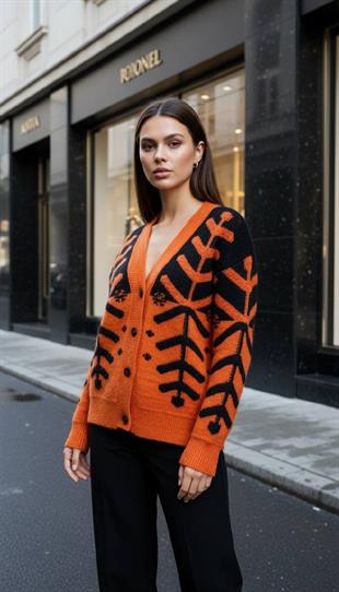 Düğmeli Oversize Kadın Desenli Oranj Triko Hırka