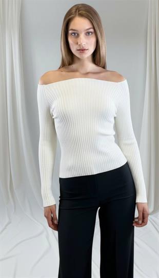 Ekru Fitilli Kayık Yaka Basic Kadın Triko Kazak