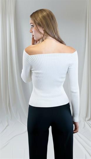 Ekru Fitilli Kayık Yaka Basic Kadın Triko Kazak