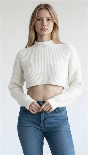 Ekru Kadın Boğazlı Fitilli Crop Triko Kazak