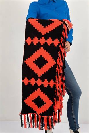 Etnik Desenli Siyah Turuncu Şal