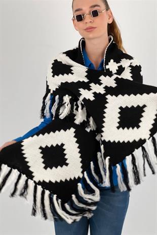 Etnik Desenli Siyah Turuncu Şal