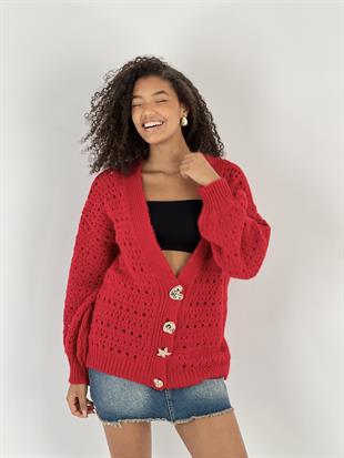 Figürlü Düğmeli Ajurlu Kırmızı Uzun Kollu Kadın Triko Hırka