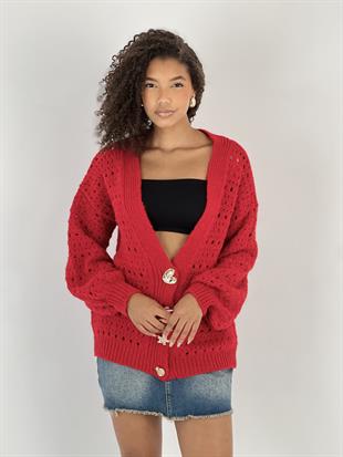 Figürlü Düğmeli Ajurlu Kırmızı Uzun Kollu Kadın Triko Hırka