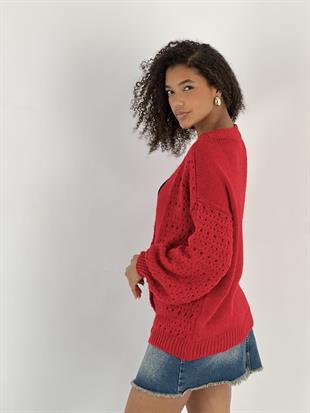 Figürlü Düğmeli Ajurlu Kırmızı Uzun Kollu Kadın Triko Hırka