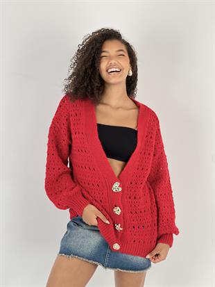 Figürlü Düğmeli Ajurlu Kırmızı Uzun Kollu Kadın Triko Hırka