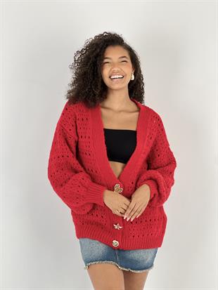 Figürlü Düğmeli Ajurlu Kırmızı Uzun Kollu Kadın Triko Hırka