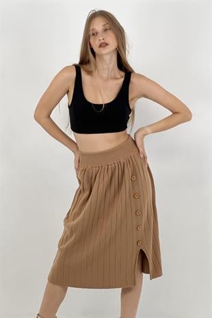 Fitilli Düğme Detaylı Kadın Triko Yırtmaçlı Midi Etek Camel