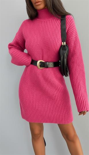 Fuşya Balıkçı Yaka Selanik Örgü Kadın Triko Elbise 
