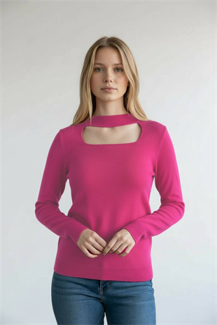 Fuşya Göğüs Dekolteli Kadın Triko Kazak