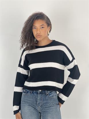 Geniş Çizgili Bisiklet Yaka Siyah Triko Kazak