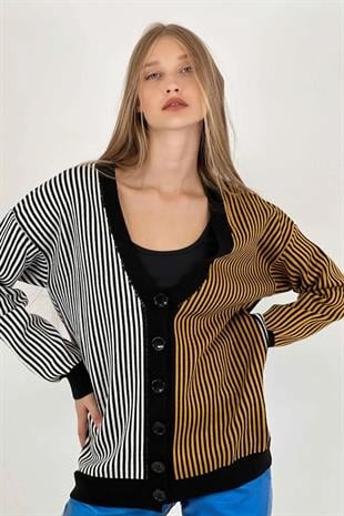 Jakarlı Düğmeli V Yaka Kadın Triko Hırka Siyah