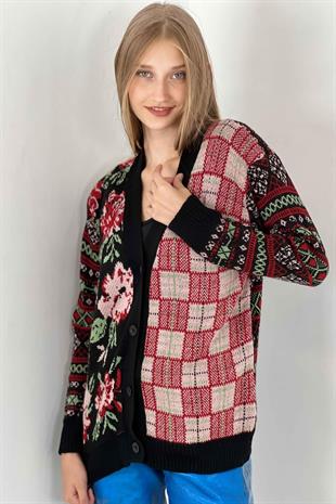 Jakarlı Uzun Kollu Düğmeli Kadın Triko Hırka Siyah