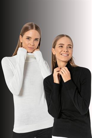 Kadın 2 Li Boğazlı Balıkçı Yaka Basic Düz Triko Kazak