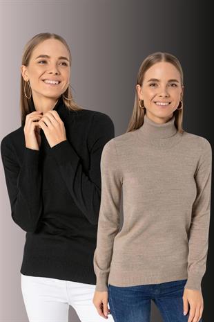 Kadın 2 Li Boğazlı Balıkçı Yaka Basic Düz Triko Kazak