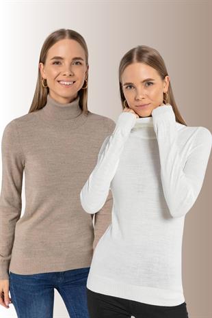 Kadın 2 Li Boğazlı Balıkçı Yaka Basic Düz Triko Kazak