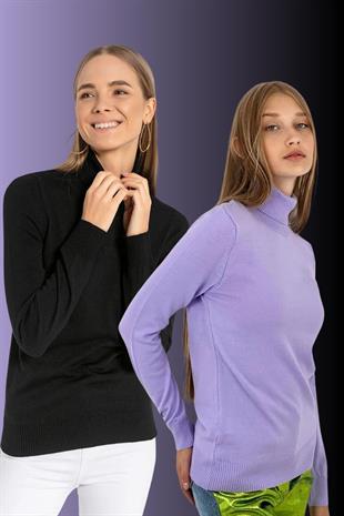 Kadın 2 Li Boğazlı Balıkçı Yaka Basic Düz Triko Kazak