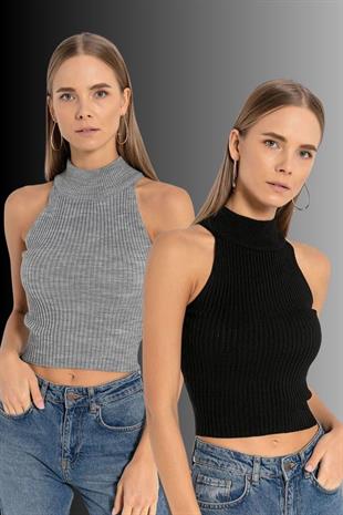 Kadın 2 Li Boğazlı Balıkçı Yaka Basic Crop Triko Kazak