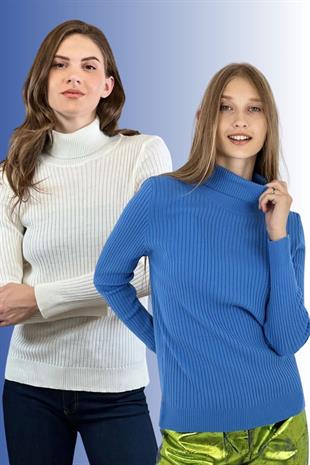 Kadın 2 Li Boğazlı Balıkçı Yaka Uzun Kışlık Triko Kazak