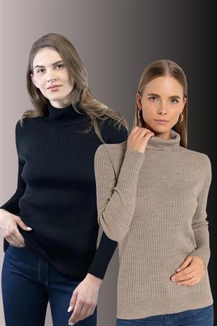 Kadın 2 Li Boğazlı Balıkçı Yaka Uzun Kışlık Triko Kazak