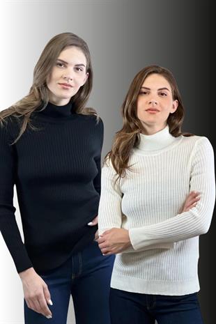 Kadın 2 Li Boğazlı Balıkçı Yaka Uzun Kışlık Triko Kazak