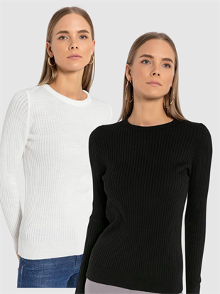 Kadın 2 Li Uzun Bisiklet Yaka Basic Düz Triko Kazak