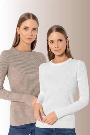 Kadın 2 Li Uzun Bisiklet Yaka Basic Düz Triko Kazak