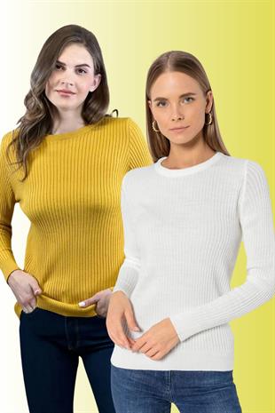 Kadın 2 Li Uzun Bisiklet Yaka Basic Düz Triko Kazak