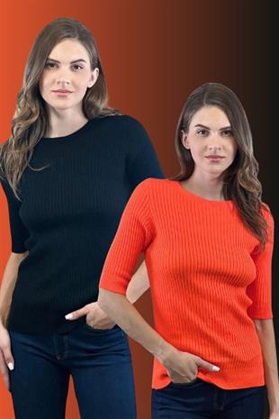 Kadın 2 Li Yarım Kol Bisiklet Yaka Uzun Kışlık Triko Kazak