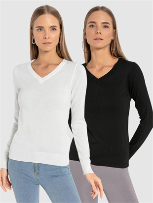 Kadın 2li V Yaka Triko Kazak