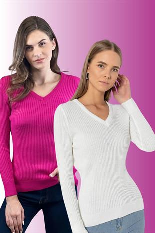 Kadın 2li V Yaka Uzun Kollu Kışlık Fitilli Triko Kazak