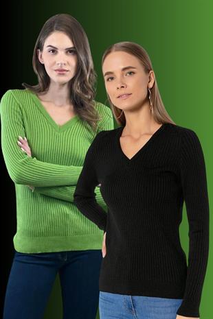 Kadın 2li V Yaka Uzun Kollu Kışlık Fitilli Triko Kazak