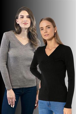Kadın 2li V Yaka Uzun Kollu Kışlık Fitilli Triko Kazak