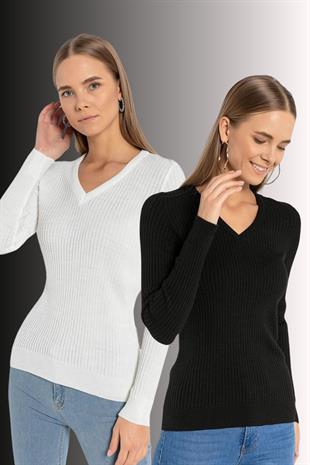 Kadın 2li V Yaka Uzun Kollu Kışlık Fitilli Triko Kazak